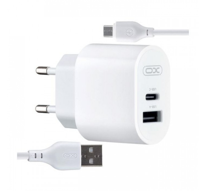 Зарядний пристрій XO L97 (1Type-C\/1USB\/2.4A) + USB - MicroUSB White (XO-L97-MC)
