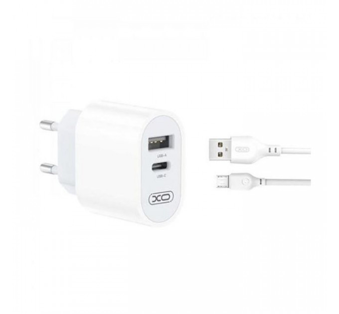 Зарядний пристрій XO L97 (1Type-C\/1USB\/2.4A) + USB - MicroUSB White (XO-L97-MC)