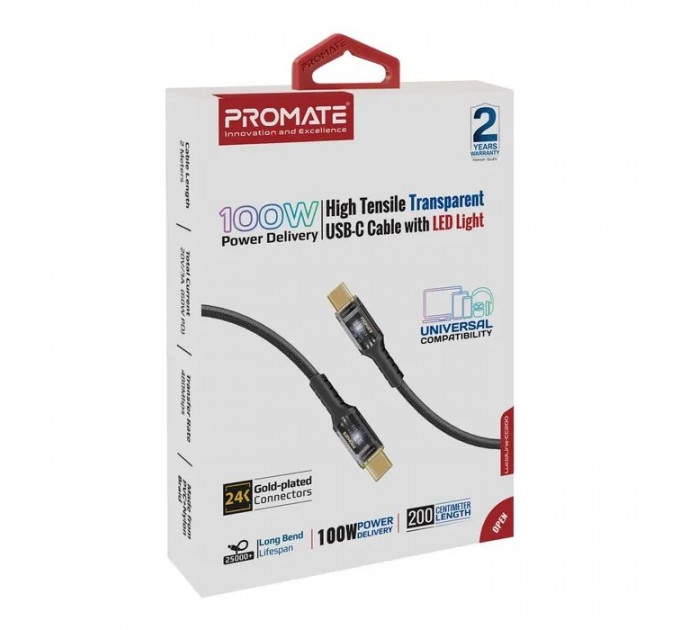 Дата кабель USB-C to USB-C 2.0m Promate (lucidline-cc200.black)