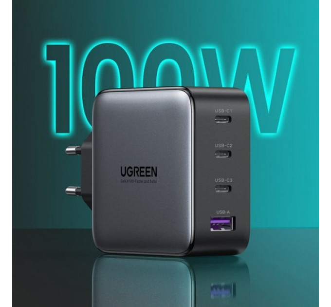Зарядний пристрій Ugreen 4xUSB 100W (3xUSB-C+USB-A) Gan Tech Fast GAN Charger black CD226 (40747)