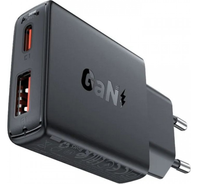 Зарядний пристрій Acefast 2xUSB 30W (USB-C+USB-A) Gan A69 ultra-thin Fast Charger Black (6974316282709)