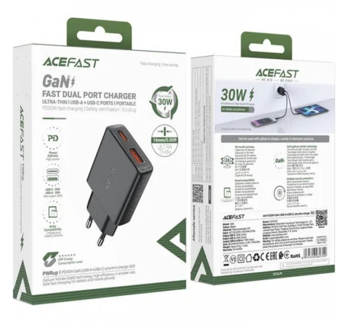 Зарядний пристрій Acefast 2xUSB 30W (USB-C+USB-A) Gan A69 ultra-thin Fast Charger Black (6974316282709)