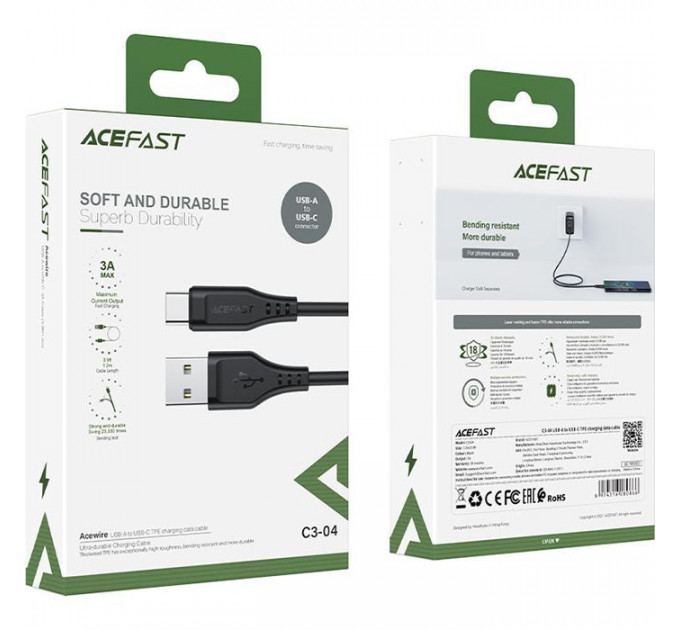 Дата кабель USB 2.0 AM to USB-C 1.2m 3.0A TPE Black Acefast (6974316280866)
