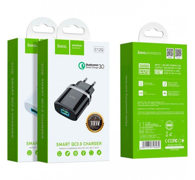 Зарядний пристрій HOCO C12Q Smart USB QC3.0 18W Black (6931474716255)