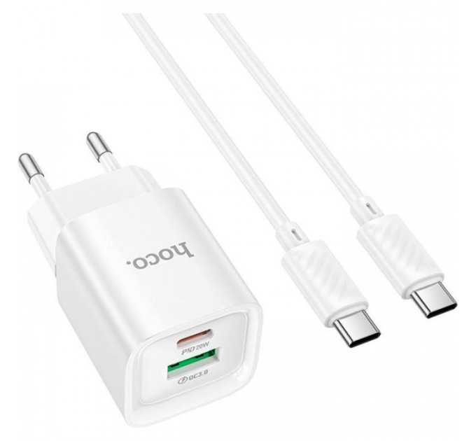 Зарядний пристрій HOCO C147A Charm 1xUSB-C PD20W + 1xUSB QC3.0 + cable USB-C to USB-C White (6942007630290)