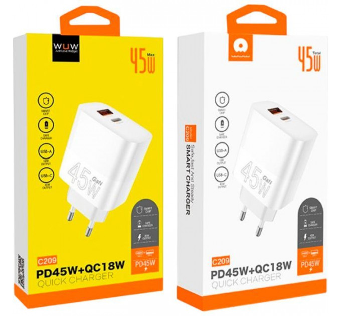 Зарядний пристрій WUW C209 1xUSB-C PD45W + 1xUSB QC3.0 18W White (WUW-C209)
