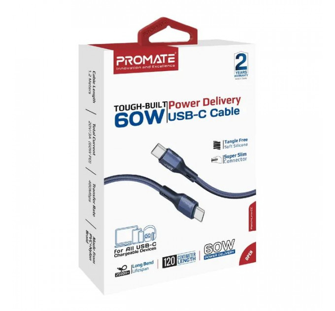 Дата кабель USB-C to USB-C 1.2m 60W PD FletchLink-CC blue Promate (fletchlink-cc.blue)