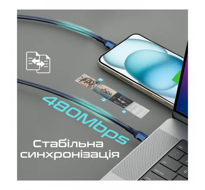 Дата кабель USB-C to USB-C 1.2m 60W PD FletchLink-CC blue Promate (fletchlink-cc.blue)