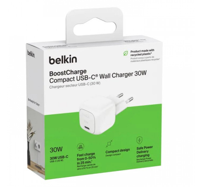 Зарядний пристрій Belkin USB-C PD30W PPS white (WCA008KQWH)