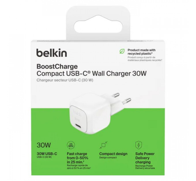 Зарядний пристрій Belkin USB-C PD30W PPS white (WCA008KQWH)