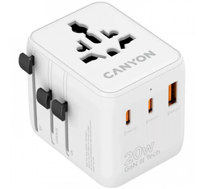 Зарядное устройство Canyon OnTour 20 2xUCB-C + USB-A EU/UK\US/AUS 20W White (CNS-TA20W1005W)