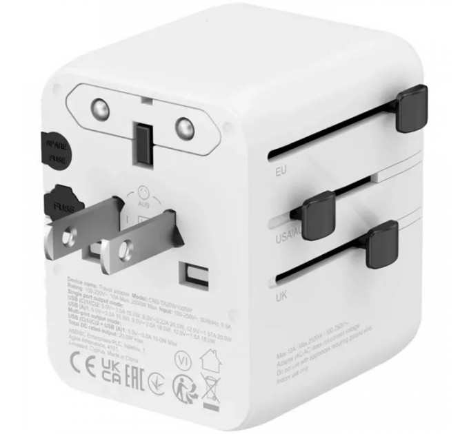 Зарядное устройство Canyon OnTour 20 2xUCB-C + USB-A EU/UK\US/AUS 20W White (CNS-TA20W1005W)