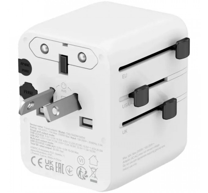 Зарядное устройство Canyon OnTour 20 2xUCB-C + USB-A EU/UK\US/AUS 20W White (CNS-TA20W1005W)
