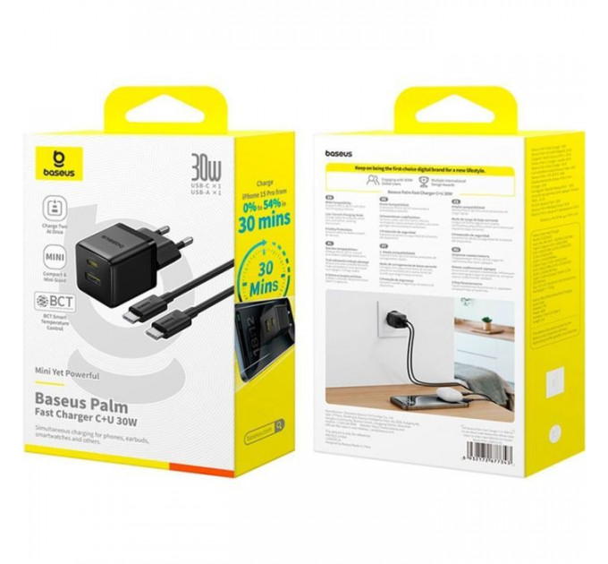Зарядний пристрій Baseus 1xUSB-C 30W + 1xUSB + cable USB-C to USB-C 60W 1.0m (P1011160A113-01)