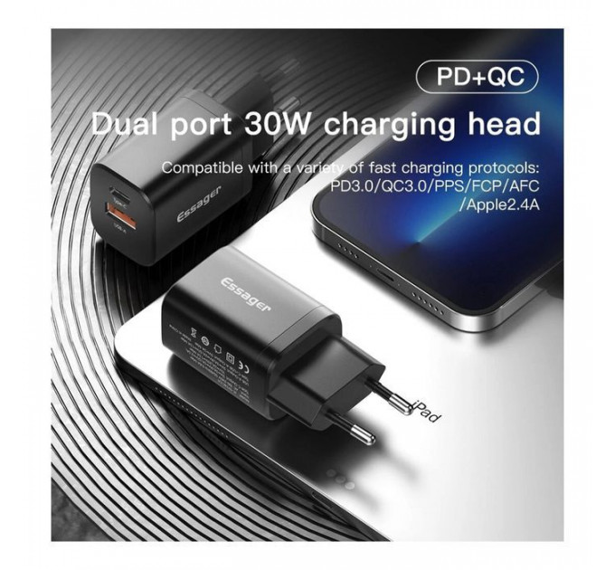 Зарядний пристрій Essager 1xUSB + 1xUSB-C PD30W black (ECTPQS-ZTB01)