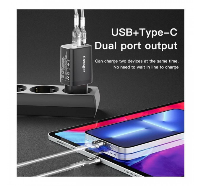 Зарядний пристрій Essager 1xUSB + 1xUSB-C PD30W black (ECTPQS-ZTB01)