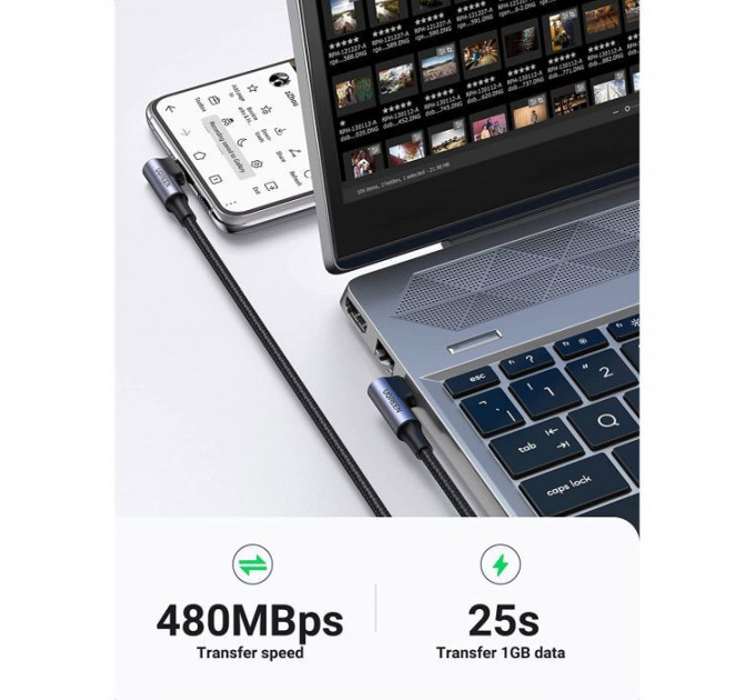 Дата USB-C кабель USB-C 1.0m 100W (20V\/5A) 90° corner braided black Ugreen (70696)