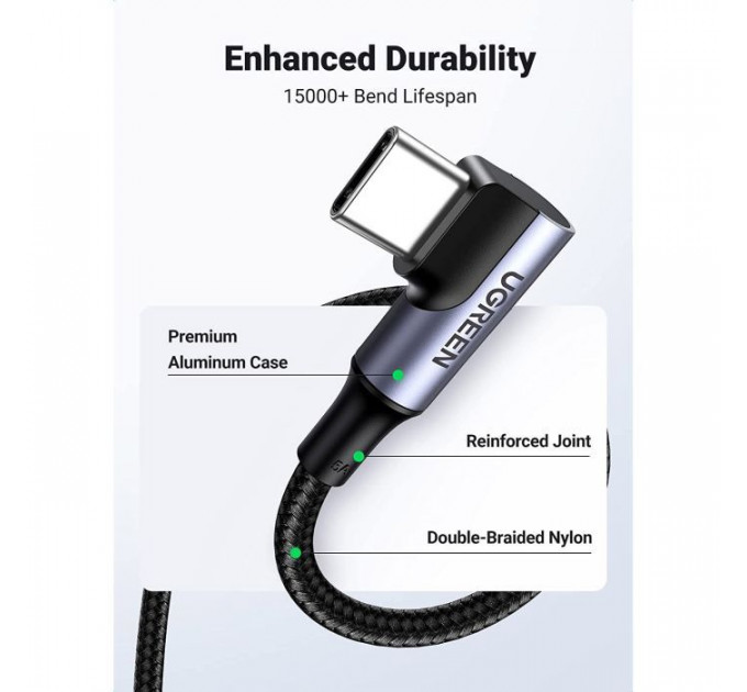 Дата USB-C кабель USB-C 1.0m 100W (20V\/5A) 90° corner braided black Ugreen (70696)