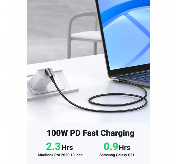 Дата USB-C кабель USB-C 1.0m 100W (20V\/5A) 90° corner braided black Ugreen (70696)