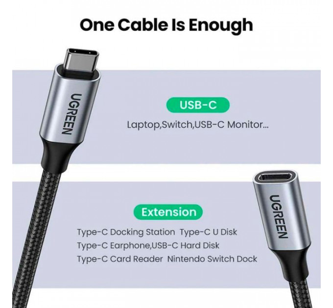Кабель USB-C M\/F 0.5m 5A USB 3.1 Gen2 10Gbps black Ugreen (80810)
