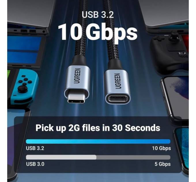 Кабель USB-C M\/F 0.5m 5A USB 3.1 Gen2 10Gbps black Ugreen (80810)