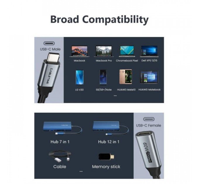 Дата кабель USB-C M to USB-C F 0.5m 5Gbps 60W 4K60Hz Cabletime (CA913664)