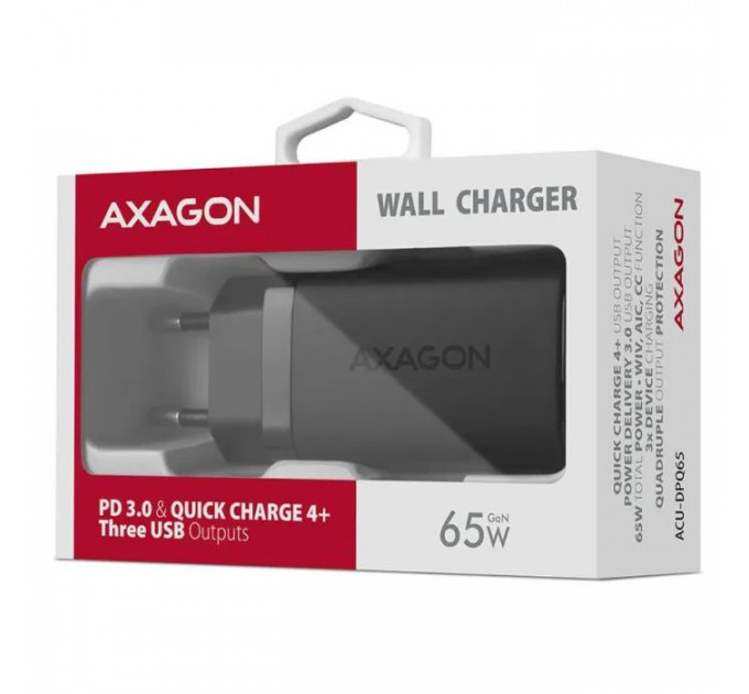 Зарядное устройство для AXAGON 1xUSB + 2xUSB-C 65W QC4+ PD3.0 PPS black (ACU-DPQ65)