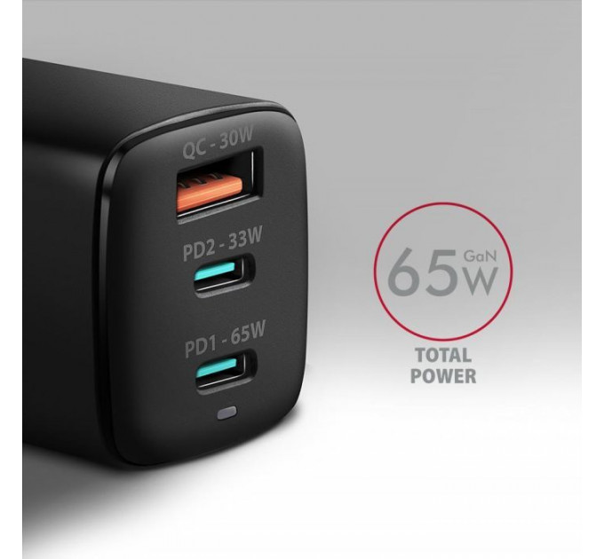 Зарядное устройство для AXAGON 1xUSB + 2xUSB-C 65W QC4+ PD3.0 PPS black (ACU-DPQ65)