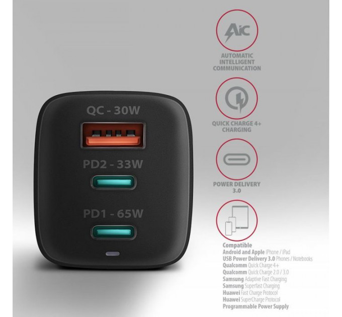 Зарядное устройство для AXAGON 1xUSB + 2xUSB-C 65W QC4+ PD3.0 PPS black (ACU-DPQ65)