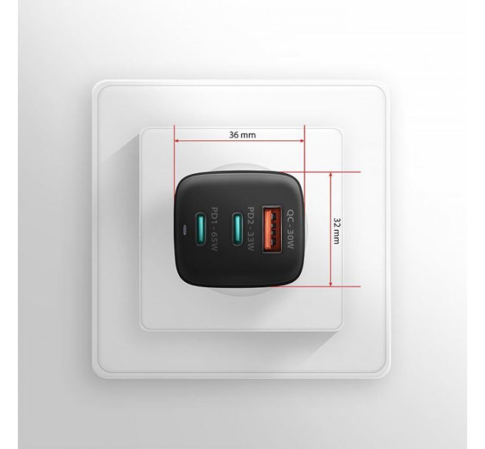 Зарядное устройство для AXAGON 1xUSB + 2xUSB-C 65W QC4+ PD3.0 PPS black (ACU-DPQ65)