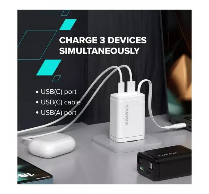 Зарядний пристрій Canyon 1xUSB-C PD65W + 1xUSB QC3.0 + cable USB-C to USB-C black (CNS-CURC65ACB)