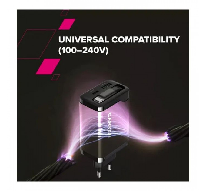 Зарядний пристрій Canyon 1xUSB-C PD65W + 1xUSB QC3.0 + cable USB-C to USB-C black (CNS-CURC65ACB)