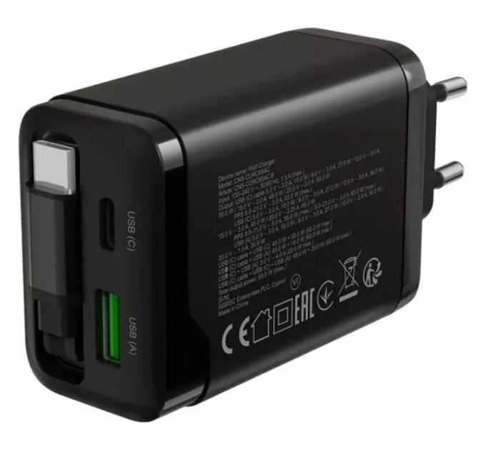 Зарядний пристрій Canyon 1xUSB-C PD65W + 1xUSB QC3.0 + cable USB-C to USB-C black (CNS-CURC65ACB)