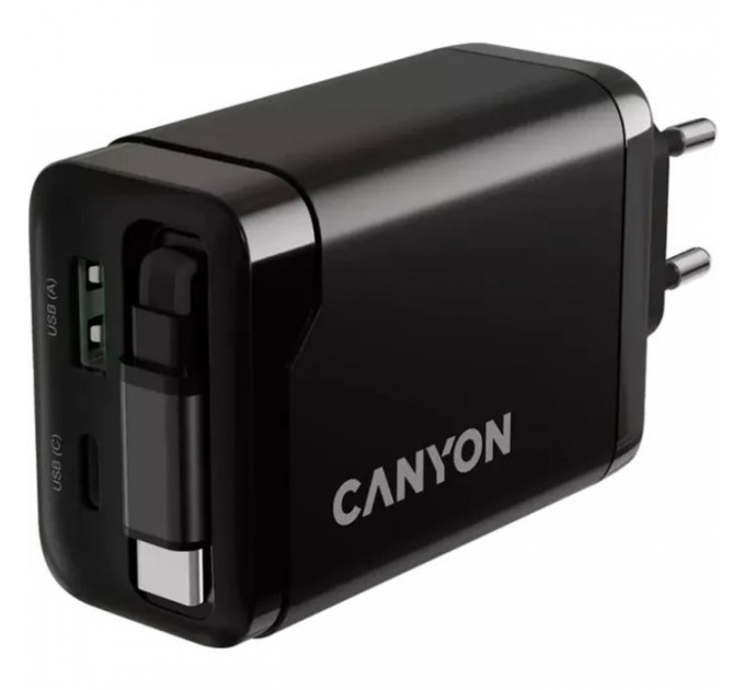 Зарядний пристрій Canyon 1xUSB-C PD65W + 1xUSB QC3.0 + cable USB-C to USB-C black (CNS-CURC65ACB)