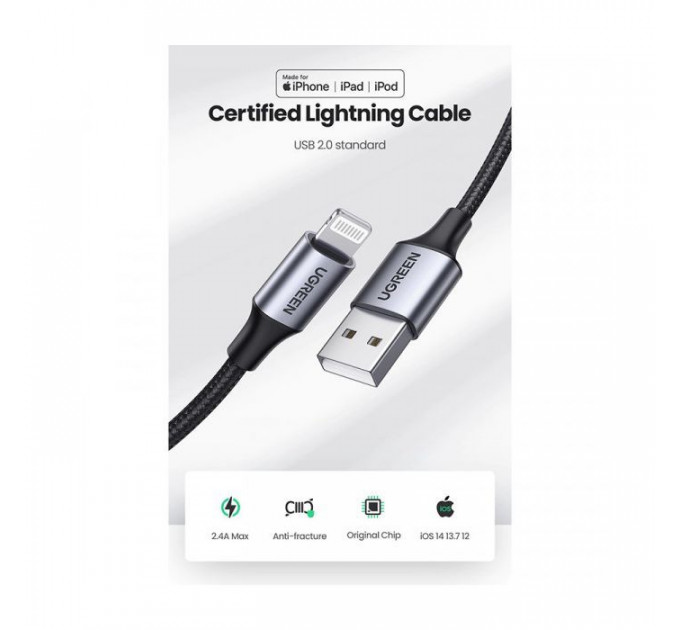 Дата кабеля USB 2.0 AM to Lightning 1.0m 2.4A US199 black Ugreen (60156)