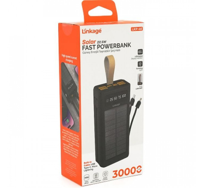 Батарея універсальна Linkage 30000mAh, Solar, 22.5W, cables Туре-С+Lighting, Black (LKP-46)