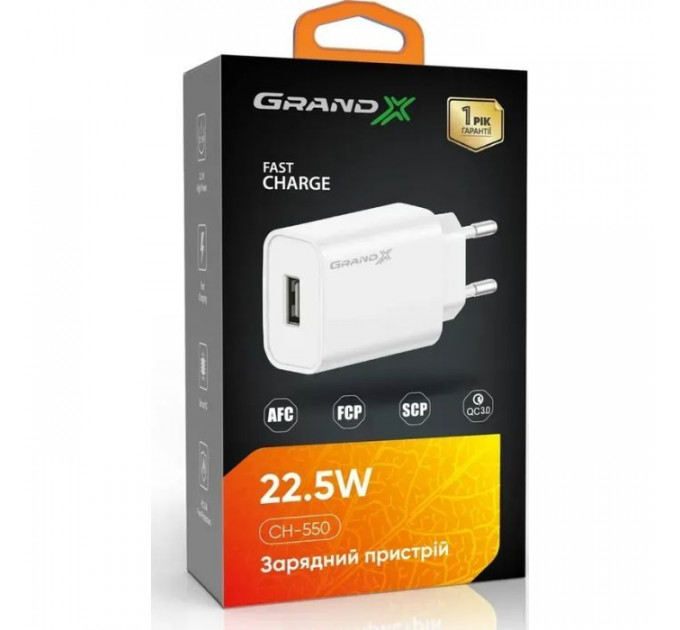 Зарядное устройство для Grand-X Quick Charge QС3.0, + cable USB -> Type C 1m white (CH-550WT)
