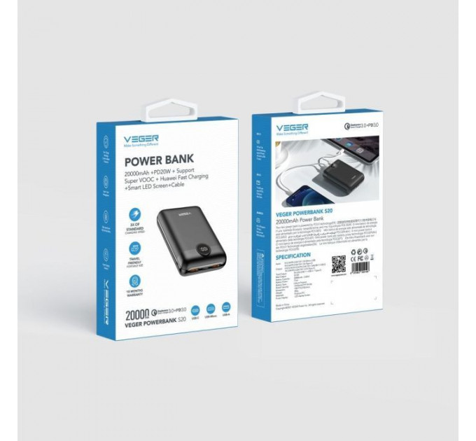 Батарея универсальная VEGER 20000mAh S20 22.5W PD/3/0 QC/3.0 black (6970453554198)