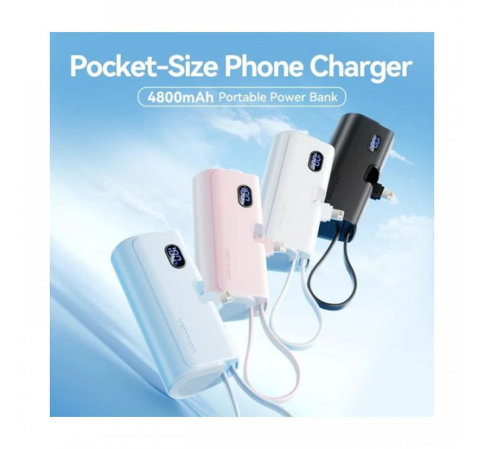 Батарея универсальная VENTION 4800mAh 22,5W PD, USB-C In/Out, LED display, with built-in Lightning cable Black (FHRB0)