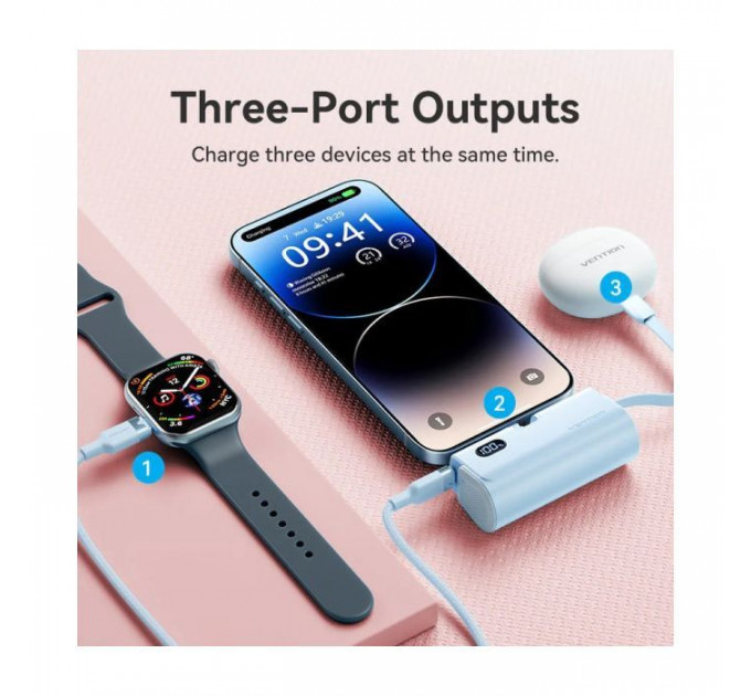 Батарея универсальная VENTION 4800mAh 22,5W PD, USB-C In/Out, LED display, with built-in Lightning cable Black (FHRB0)