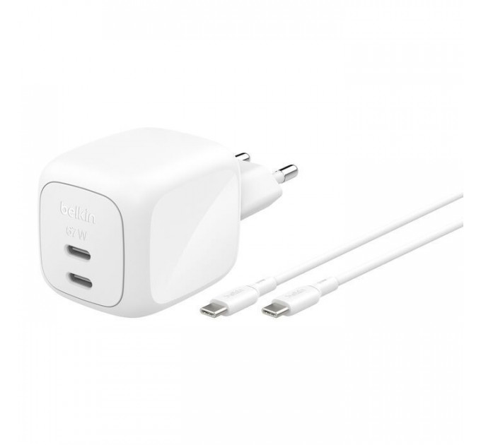 Зарядное устройство Belkin 2xUSB-C PD67W GaN PPS + cable USB-C to USB-C 2.0m white (WCH020KQ2MWH-B6)