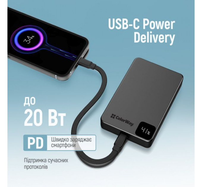 Батарея універсальна ColorWay 10 000 mAh PD\/22.5W, 15W MagSafe Black (CW-PB100LPA1BK-WPDD)