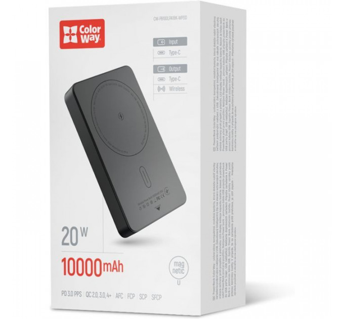 Батарея універсальна ColorWay 10 000 mAh PD\/22.5W, 15W MagSafe Black (CW-PB100LPA1BK-WPDD)