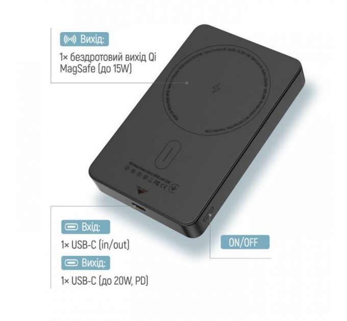 Батарея універсальна ColorWay 10 000 mAh PD\/22.5W, 15W MagSafe Black (CW-PB100LPA1BK-WPDD)