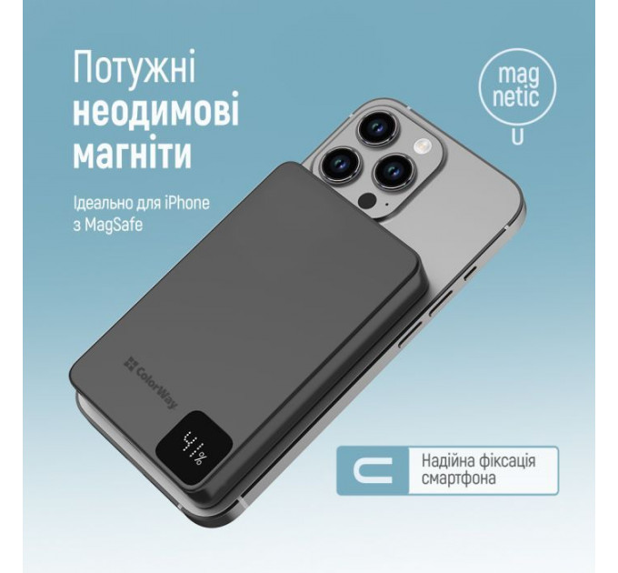 Батарея універсальна ColorWay 10 000 mAh PD\/22.5W, 15W MagSafe Black (CW-PB100LPA1BK-WPDD)