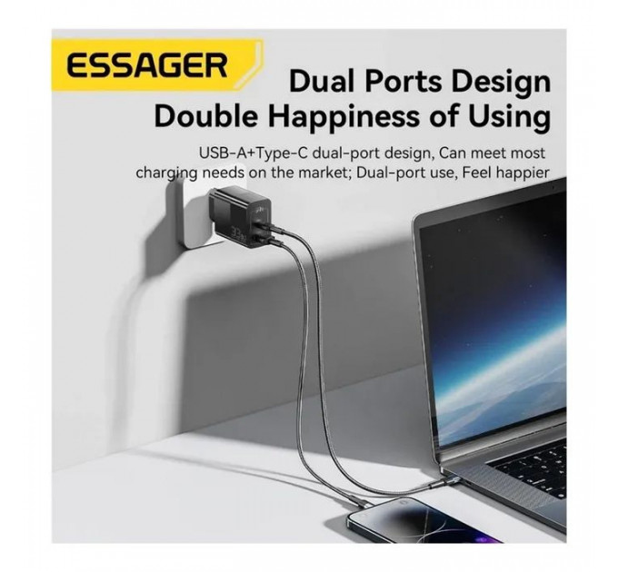Зарядное устройство 1xUSB-C + 1xUSB 33W Essager (ECTAC-PCB01-P)