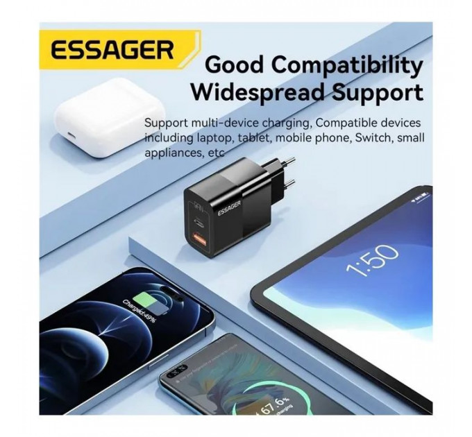 Зарядное устройство 1xUSB-C + 1xUSB 33W Essager (ECTAC-PCB01-P)