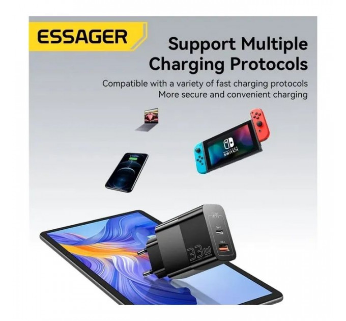 Зарядное устройство 1xUSB-C + 1xUSB 33W Essager (ECTAC-PCB01-P)