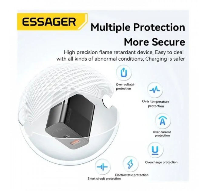 Зарядное устройство 1xUSB-C + 1xUSB 33W Essager (ECTAC-PCB01-P)
