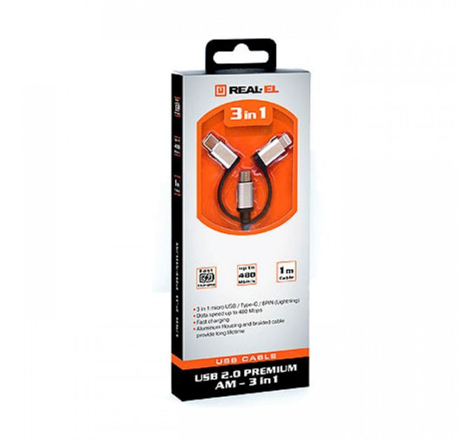 Дата кабель USB 2.0 AM to Lightning + Micro 5P + USB-C 1.0m black REAL-EL (EL123500035)